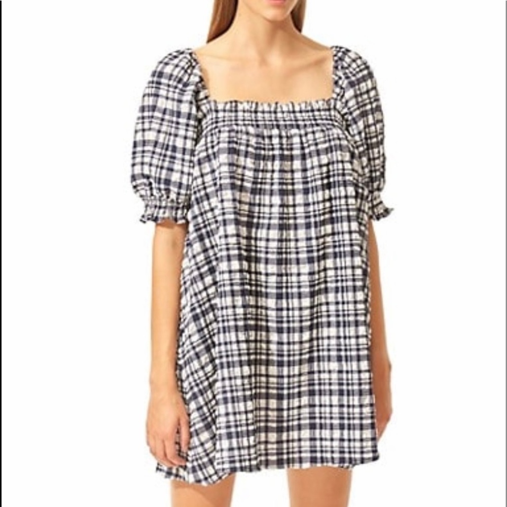 Plaid puff shoulder Baby doll dress